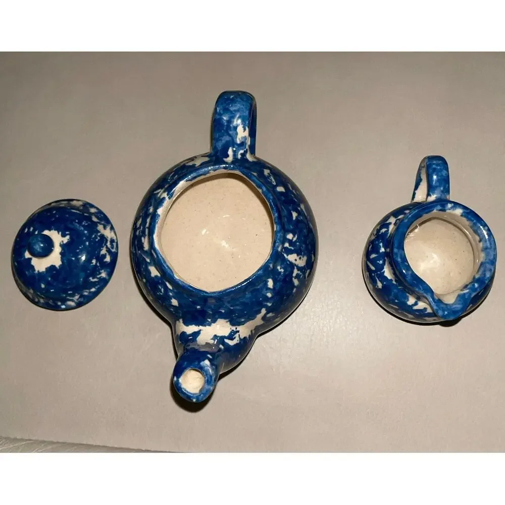 Rare 1987 Signed Barb Hall Miniature 5pc Blue Spongeware Tea Set 